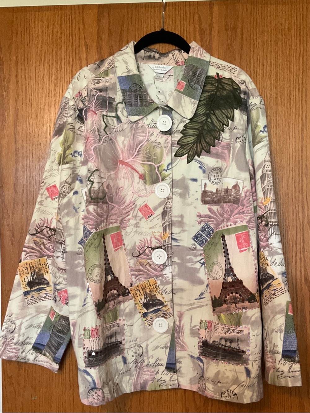 CJ Banks Ivory Floral & Travel Print Embellished Button Up Jacket
